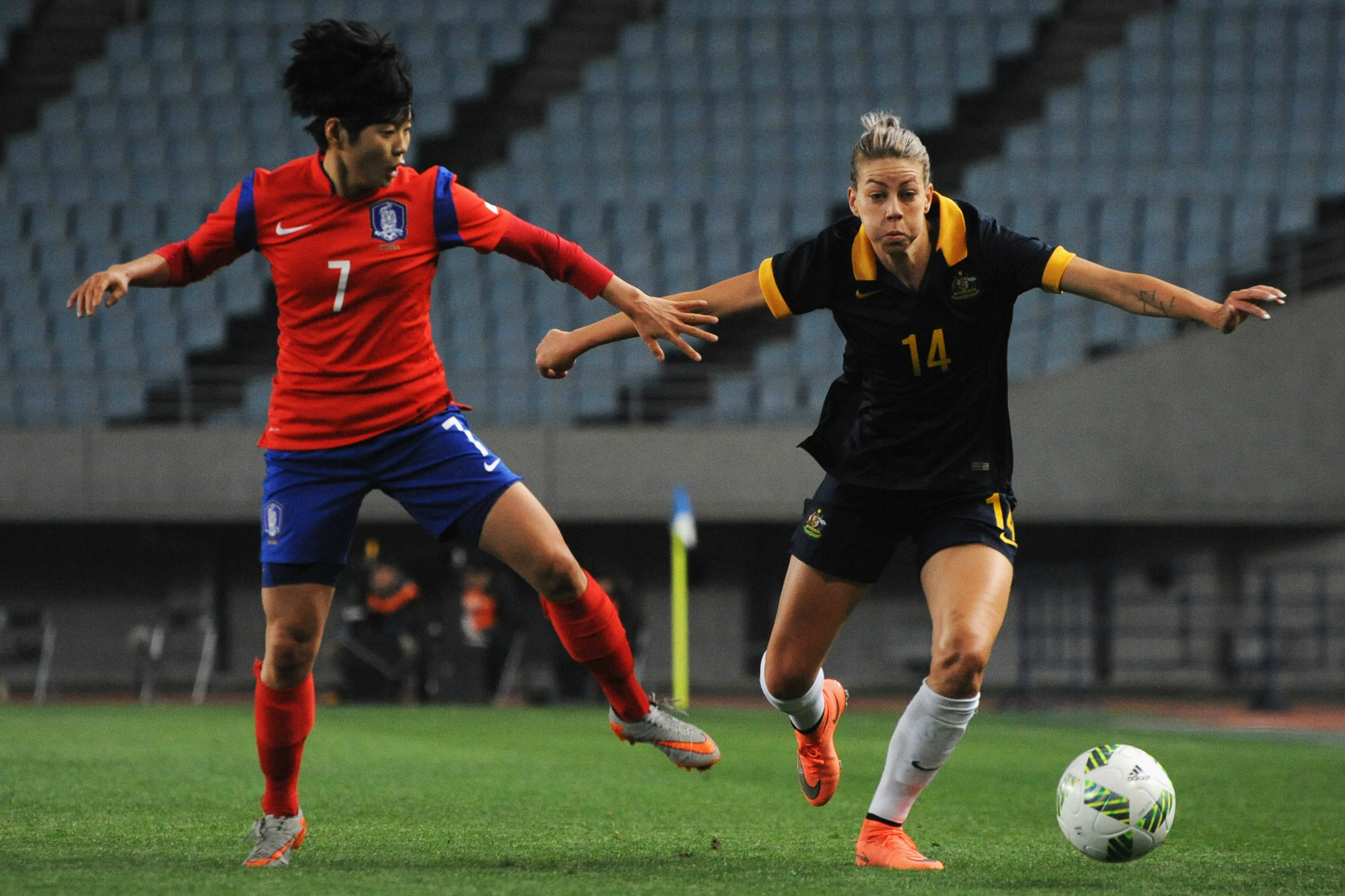 Alanna Kennedy holds off her Korea Republic opponent in their Olympic qualifier in 2016. Alanna Kennedy holds off her Korea Republic opponent in their Olympic qualifier in 2016.