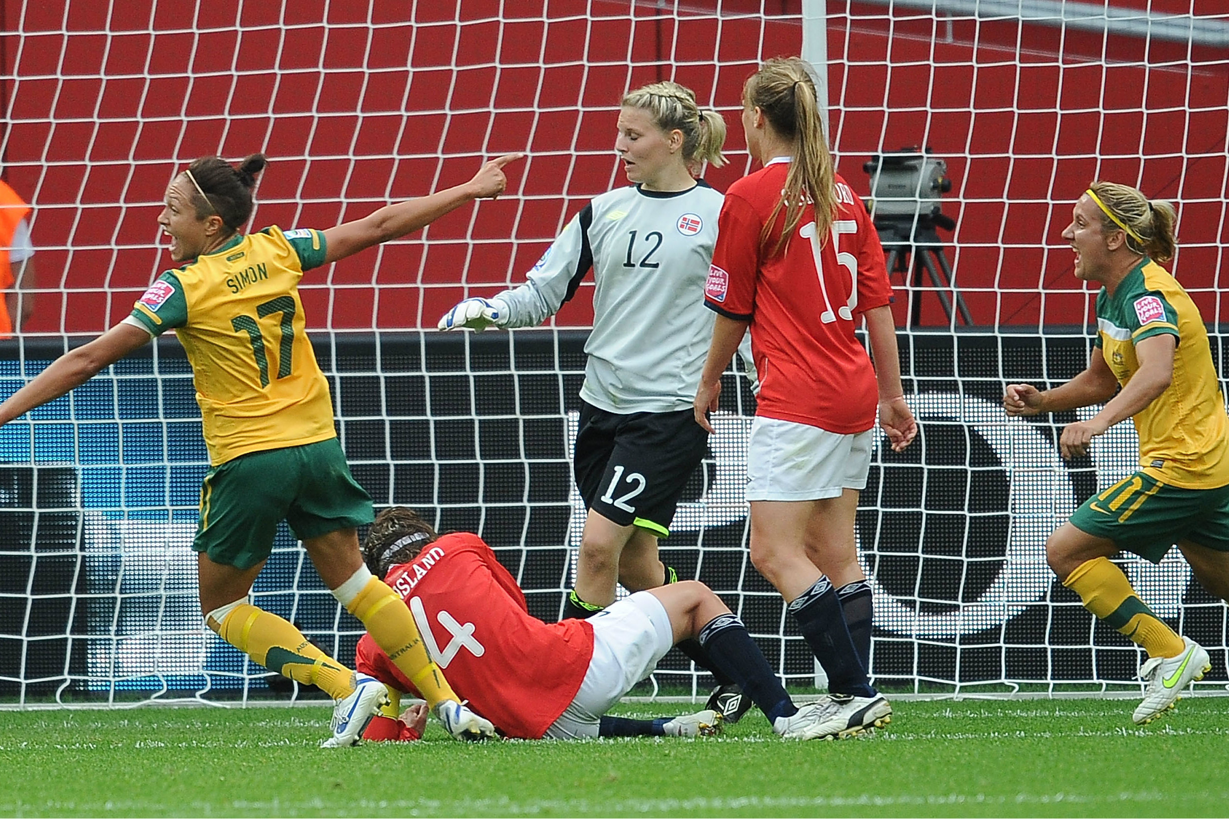 Kyah Simon celebrates a goal against Norway. Kyah Simon celebrates a goal against Norway.