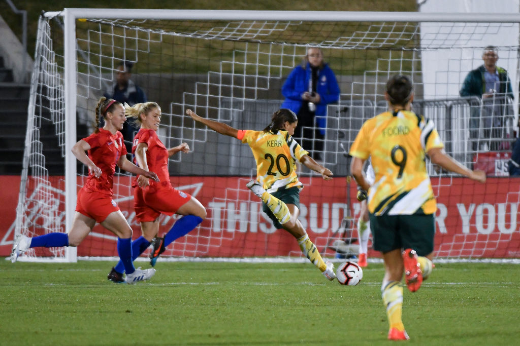 Sam Kerr of Australia shoots for Westfield Matildas against USA Sam Kerr of Australia shoots for Westfield Matildas against USA