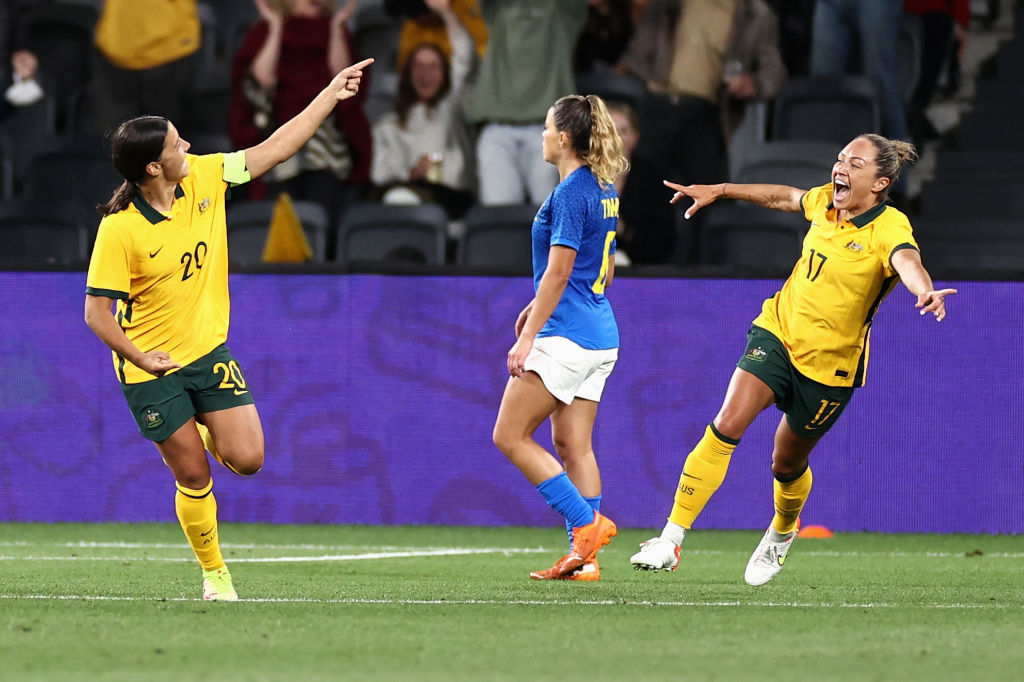 Sam Kerr and Kyah Simon celebrate Sam Kerr and Kyah Simon celebrate a goal against Brazil
