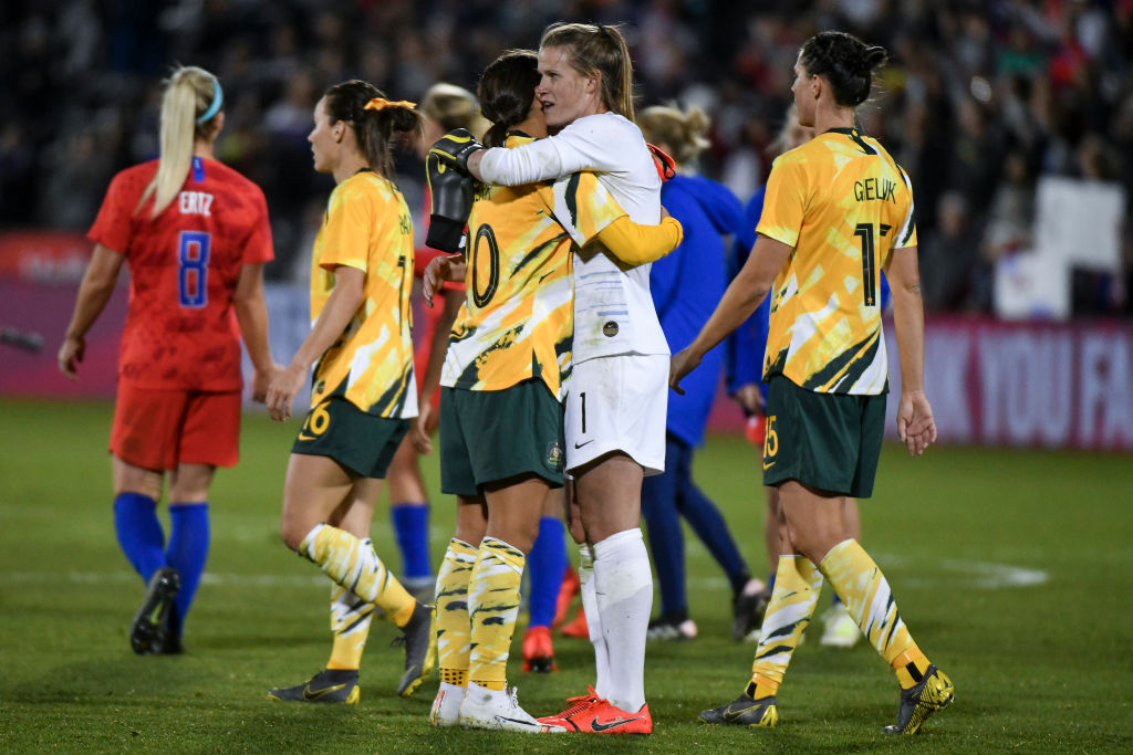 Sam Kerr #20 of Australia hugs Alyssa Naeher #1 of the United States after playing at Dick's Sporting Goods Park on April 4, 2019 in Commerce City, Colorado. (Photo by Michael Ciaglo/Getty Images) Sam Kerr #20 of Australia hugs Alyssa Naeher #1 of the United States after playing at Dick's Sporting Goods Park on April 4, 2019 in Commerce City, Colorado. (Photo by Michael Ciaglo/Getty Images)