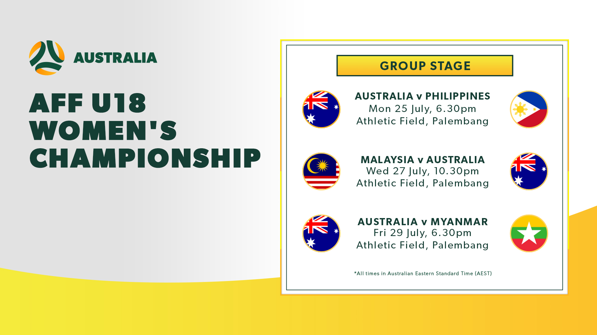 The CommBank Junior Matildas fixtures for the AFF U18 Women’s Championship 2022 Group Stage. The CommBank Junior Matildas fixtures for the AFF U18 Women’s Championship 2022 Group Stage.