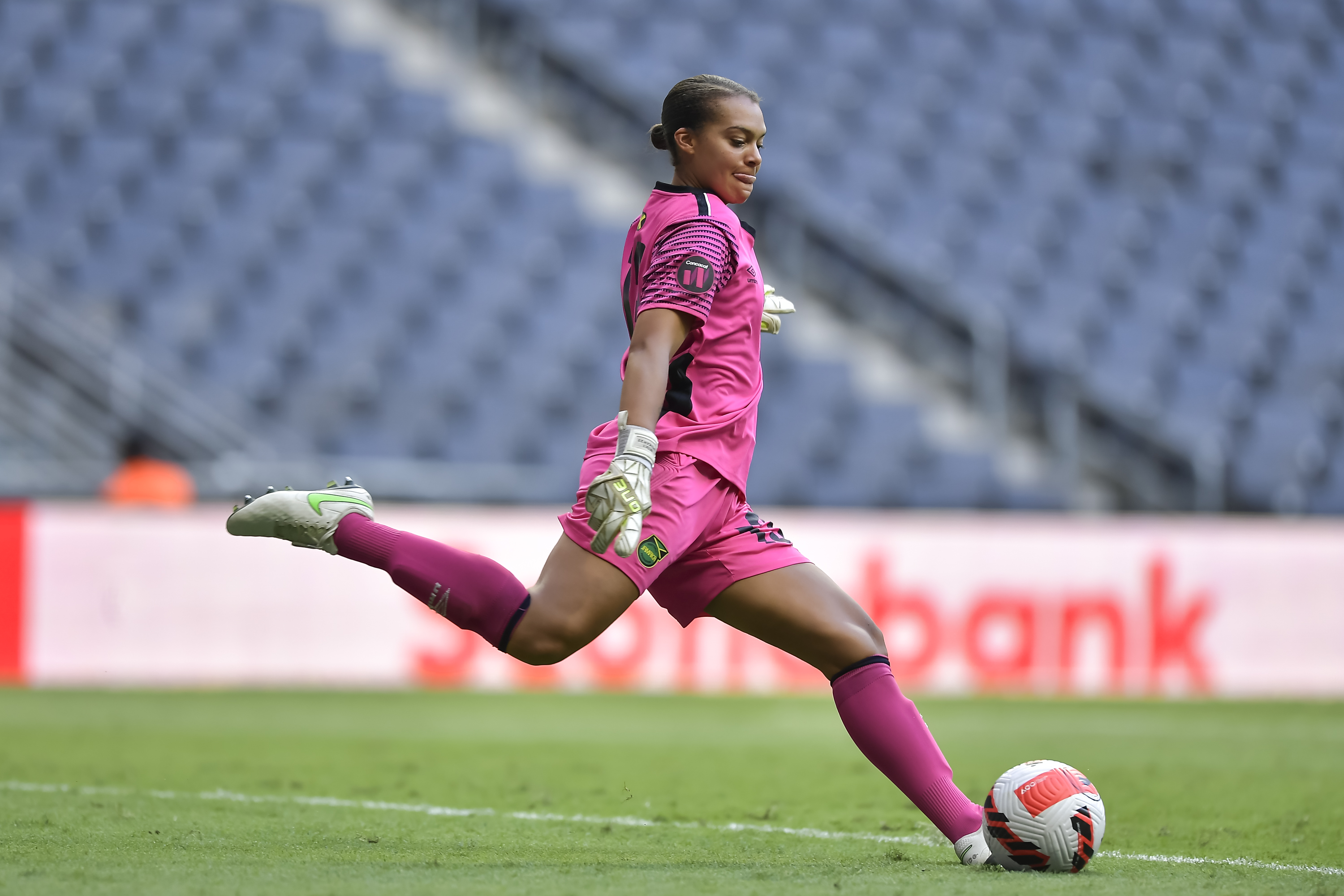 Rebecca Spencer of Jamaica kicks the ball during the third place match between Costa Rica and Jamaica as part of the 2022 Concacaf W Championship at BBVA Stadium on July 18, 2022 in Monterrey, Mexico. (Photo by Azael Rodriguez/Getty Images) Rebecca Spencer of Jamaica kicks the ball during the third place match between Costa Rica and Jamaica as part of the 2022 Concacaf W Championship at BBVA Stadium on July 18, 2022 in Monterrey, Mexico. (Photo by Azael Rodriguez/Getty Images)