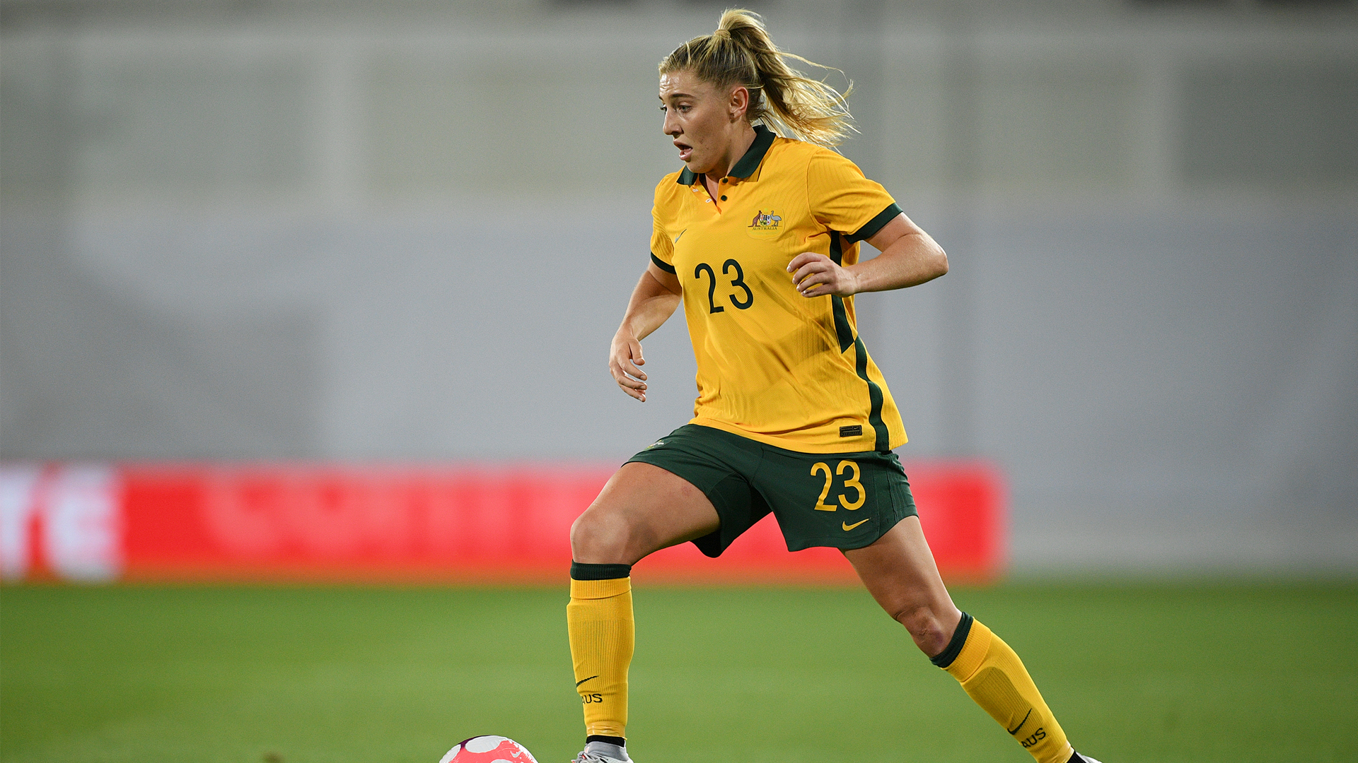 Remy Siemsen of Australia runs with the ball during the Women's International Friendly match between Portugal and Australia at Estadio Antonio Coimbra da Mota on June 28, 2022 in Estoril, Portugal. (Photo by Octavio Passos/Getty Images) Remy Siemsen of Australia runs with the ball during the Women's International Friendly match between Portugal and Australia at Estadio Antonio Coimbra da Mota on June 28, 2022 in Estoril, Portugal. (Photo by Octavio Passos/Getty Images)