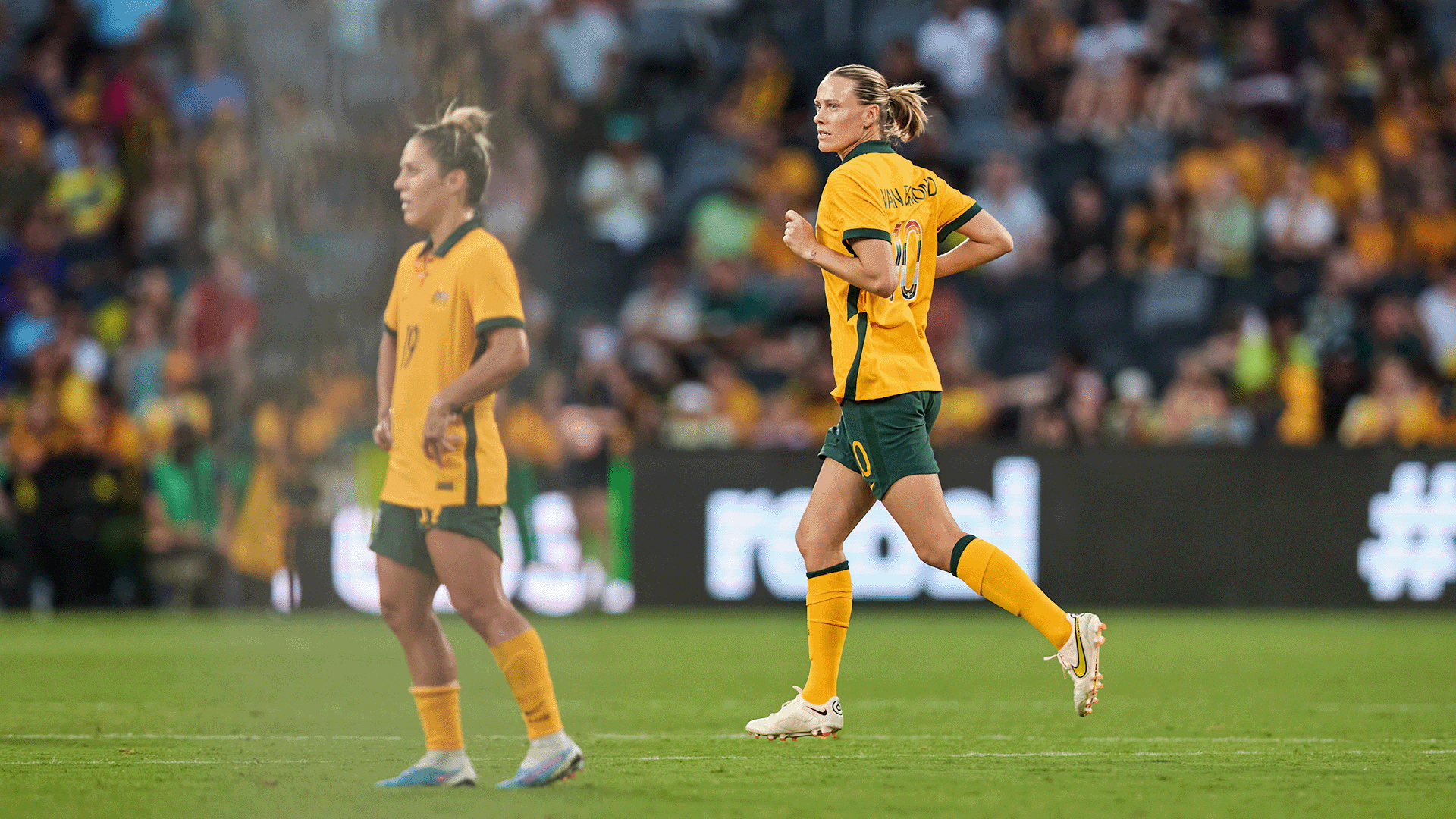 Emily van Egmond playing for Australia during the Cup of Nations 2023 against Spain at CommBank Stadium. (Photo: Rachel Bach/By The White Line)