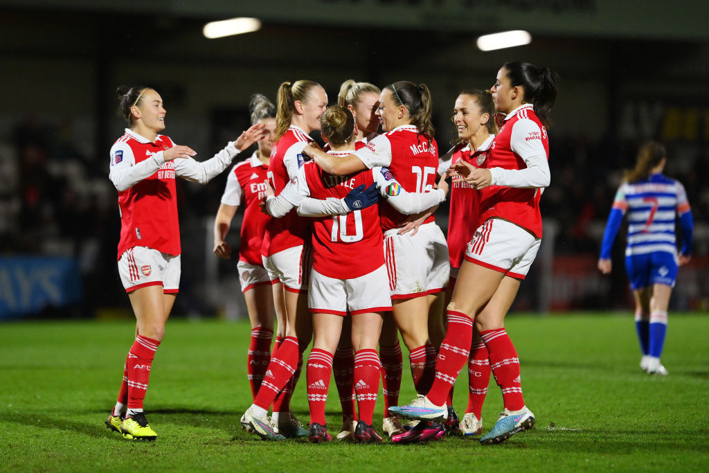Kim Little of Arsenal celebrates with teammates after scoring the team's first goal during the FA Women's Super League match between Arsenal and Reading at Meadow Park on March 12, 2023 in Borehamwood, England. (Photo by Justin Setterfield/Getty Images) Kim Little of Arsenal celebrates with teammates after scoring the team's first goal during the FA Women's Super League match between Arsenal and Reading at Meadow Park on March 12, 2023 in Borehamwood, England. (Photo by Justin Setterfield/Getty Images)
