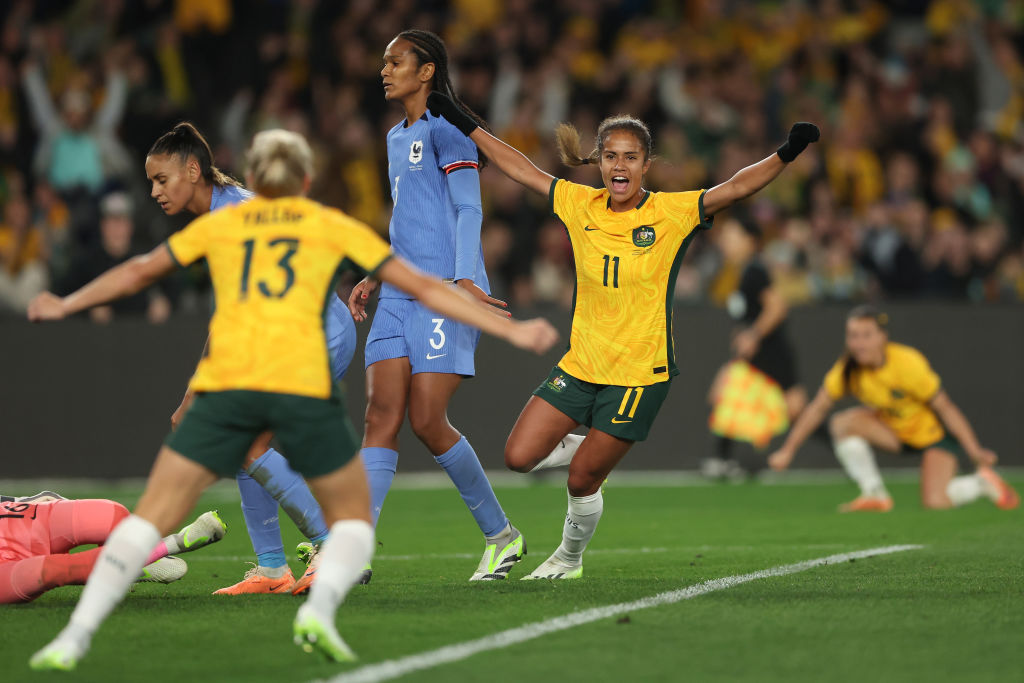 Mary Fowler goal v France MELBOURNE, AUSTRALIA - JULY 14: Mary Fowler of the Matildas celebrates scoring a goal during the International Friendly match between the Australia Matildas and France at Marvel Stadium on July 14, 2023 in Melbourne, Australia. (Photo by Robert Cianflone/Getty Images)