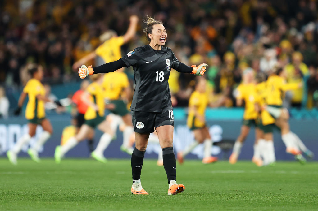 Mackenzie Arnold of Australia celebrates the team's first goal during the FIFA Women's World Cup Australia & New Zealand 2023 Group B match between Australia and Ireland at Stadium Australia on July 20, 2023 in Sydney, Australia. (Photo by Brendon Thorne Mackenzie Arnold of Australia celebrates the team's first goal during the FIFA Women's World Cup Australia & New Zealand 2023 Group B match between Australia and Ireland at Stadium Australia on July 20, 2023 in Sydney, Australia. (Photo by Brendon Thorne/Getty Images)