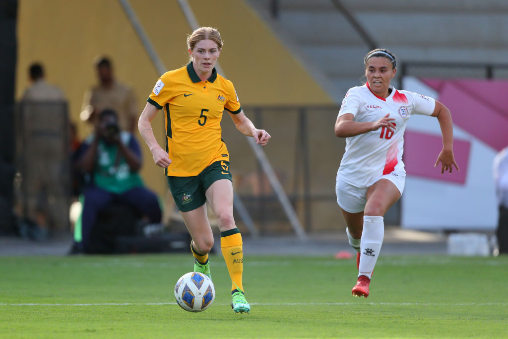 Cortnee Vine of Australia controls the ball under pressure of Sofia Nicole Harrison of the Philippines during the AFC Women's Asian Cup Group B match between Philippines and Australia at Mumbai Football Arena on January 24, 2022 in Mumbai, India. (Photo b Cortnee Vine of Australia controls the ball under pressure of Sofia Nicole Harrison of the Philippines during the AFC Women's Asian Cup Group B match between Philippines and Australia at Mumbai Football Arena on January 24, 2022 in Mumbai, India. (Photo by Thananuwat Srirasant/Getty Images)