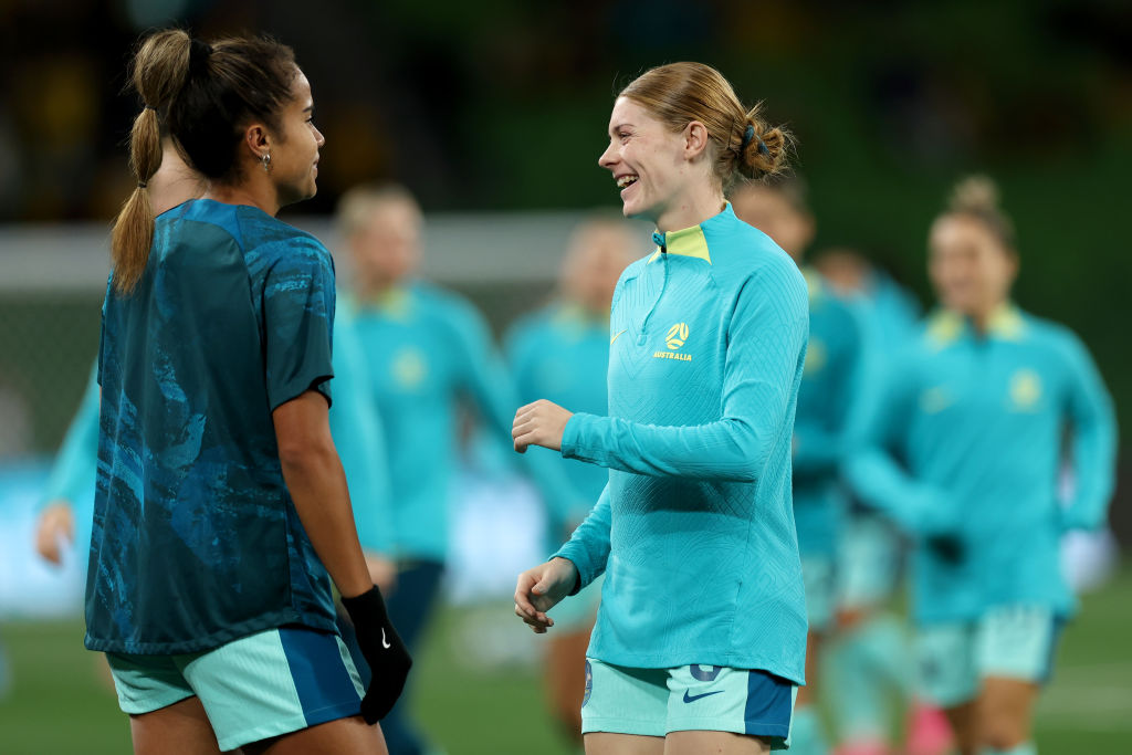 Mary Fowler and Cortnee Vine of Australia talk during the warm up pt the FIFA Women's World Cup Australia & New Zealand 2023 Group B match between Canada and Australia at Melbourne Rectangular Stadium on July 31, 2023 in Melbourne, Australia. (Photo by Ca Mary Fowler and Cortnee Vine of Australia talk during the warm up pt the FIFA Women's World Cup Australia & New Zealand 2023 Group B match between Canada and Australia at Melbourne Rectangular Stadium on July 31, 2023 in Melbourne, Australia. (Photo by Cameron Spencer/Getty Images)