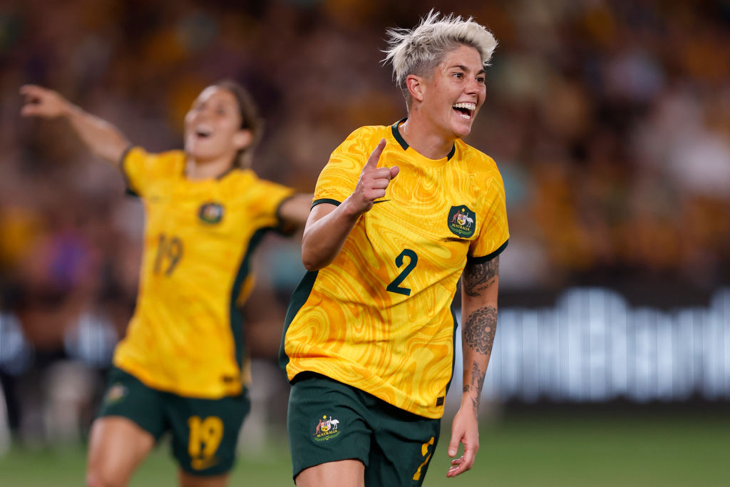 Michelle Heyman of the Matildas celebrates a goal during the AFC Women's Olympic Football Tournament Paris 2024 Asian Qualifier Round 3 match between Australia Matildas and Uzbekistan at Marvel Stadium on February 28, 2024 in Melbourne, Australia. (Photo by Darrian Traynor/Getty Images)