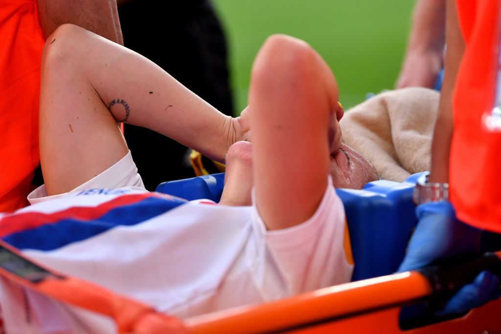 Ellie Carpenter of Olympique Lyonnais is stretchered off after suffering an injury during the UEFA Women's Champions League final match between FC Barcelona and Olympique Lyonnais at Juventus Stadium on May 21, 2022 in Turin, Italy. (Photo by Valerio Pennicino/Getty Images)