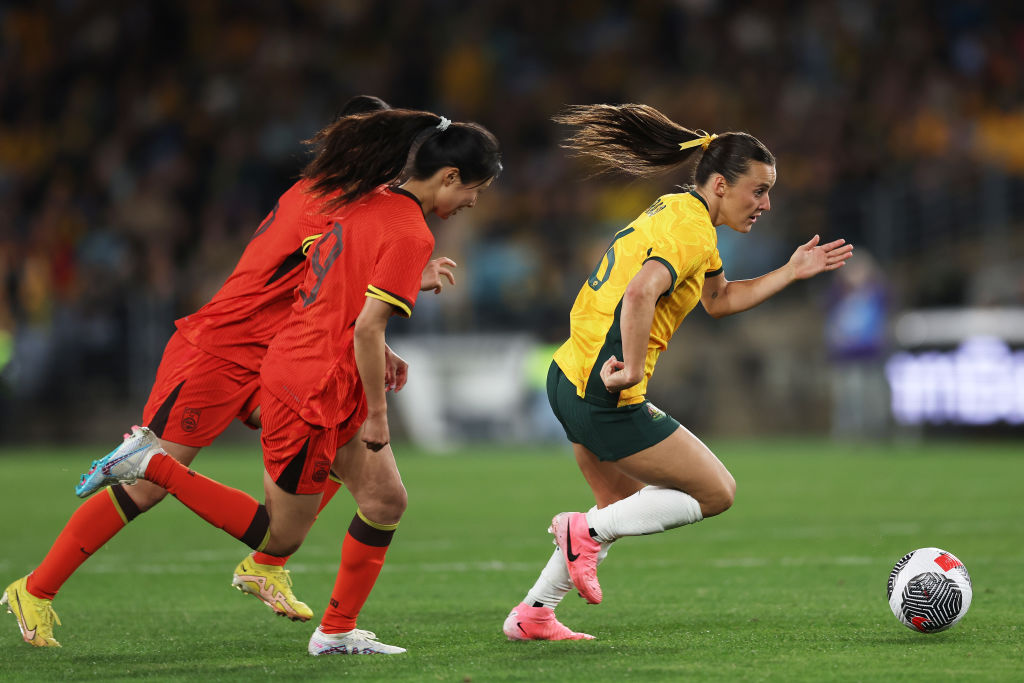 SYDNEY, AUSTRALIA - JUNE 03: Hayley Raso of Australia controls the ball during the international friendly match between Australia Matildas and China PR at Accor Stadium on June 03, 2024 in Sydney, Australia. (Photo by Matt King/Getty Images)