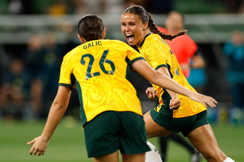MELBOURNE, AUSTRALIA - DECEMBER 04: Bryleeh Henry of Australia celebrates scoring a goal during the International Friendly match between Australia Matildas and Chinese Taipei at AAMI Park on December 04, 2024 in Melbourne, Australia. (Photo by Daniel Pockett/Getty Images)