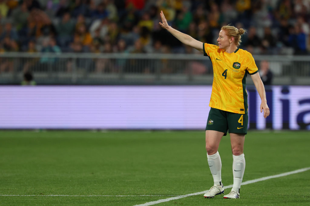 GEELONG, AUSTRALIA - DECEMBER 07: Clare Polkinghorne of Australia acknowledges the crowd after been substituted in her final match during the International Friendly Match between the Australia Matildas and Chinese Taipei at GMHBA Stadium on December 07, 2024 in Geelong, Australia. (Photo by Morgan Hancock/Getty Images)