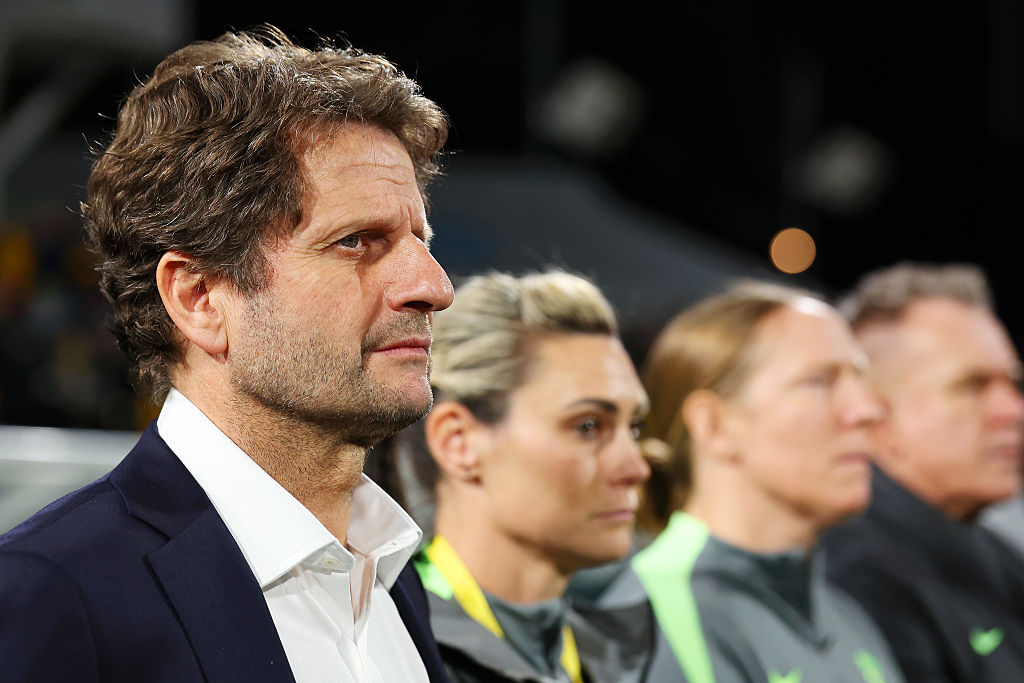 PERTH, AUSTRALIA - JUNE 26: Joe Montemurro, Head Coach of Australia looks on during national anthems prior to the International Friendly match between Australia Matildas and Slovenia at HBF Park on June 26, 2025 in Perth, Australia. (Photo by Paul Kane/Getty Images)