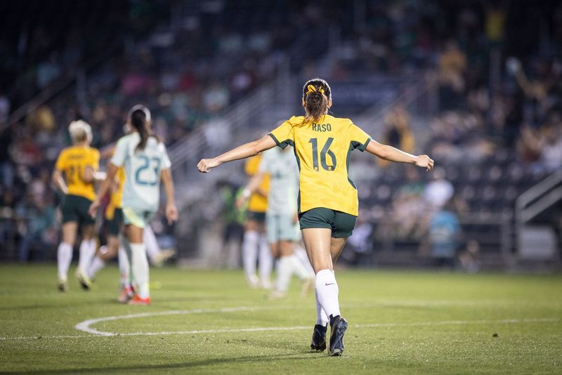 Hayley Raso celebrates after a goal against Mexico. Photo: Rance Ristau