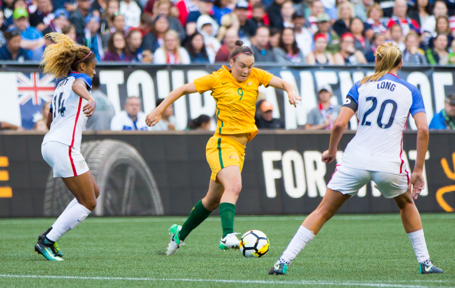 Caitlin Foord on the ball against the USA. Caitlin Foord on the ball against the USA.