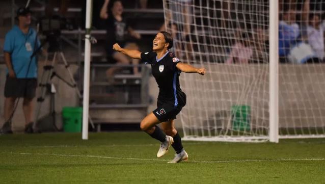 Sam Kerr celebrates one of her 16 goals in the NWSL this season. Pic courtesy of Red Stars website