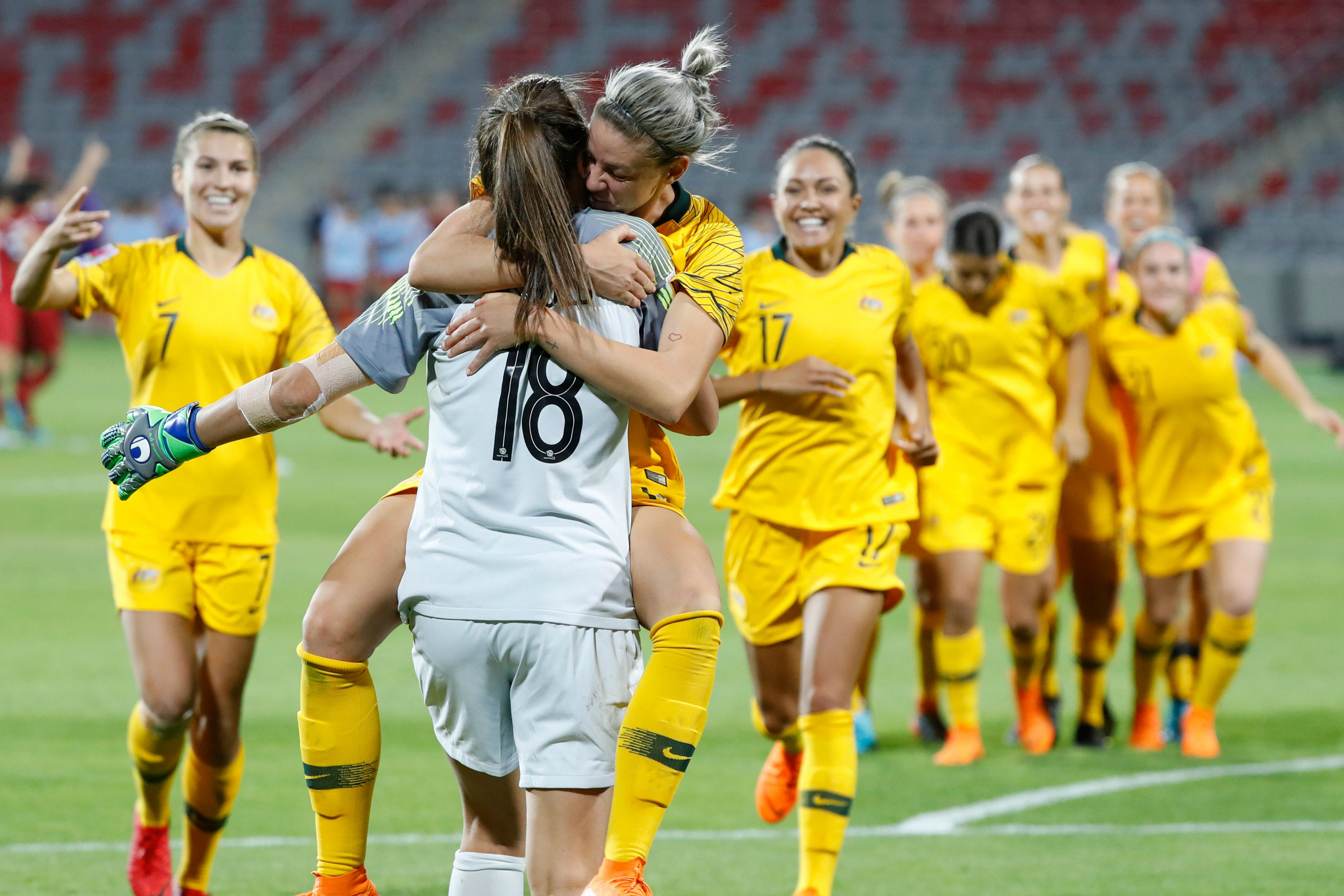 The Westfield Matildas celebrate their win over Thailand at the 2018 Asian Cup
