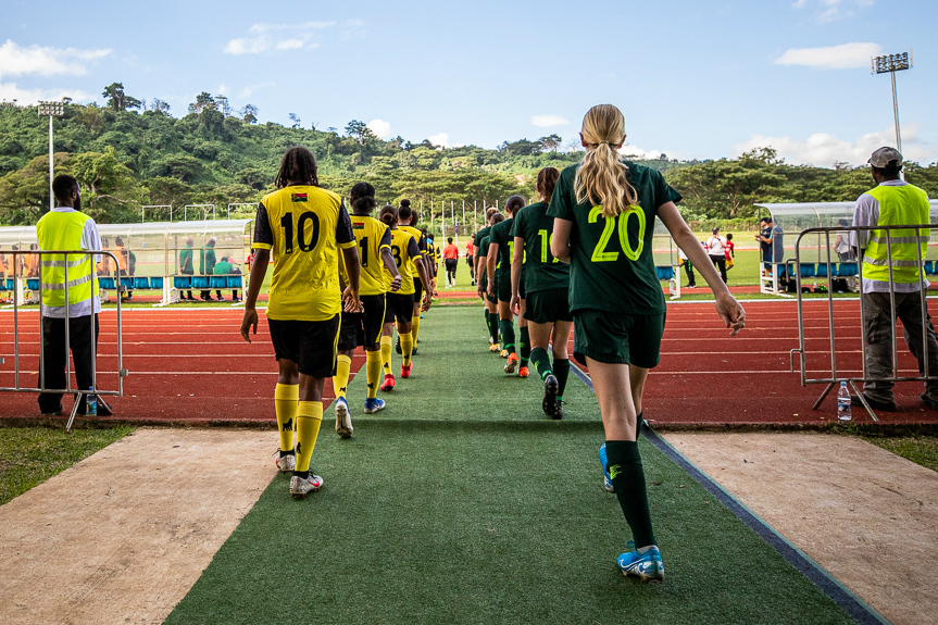 The Westfield Junior Matildas and Vanuatu walk out for their clash last month (Pic by Joseph Mayers)