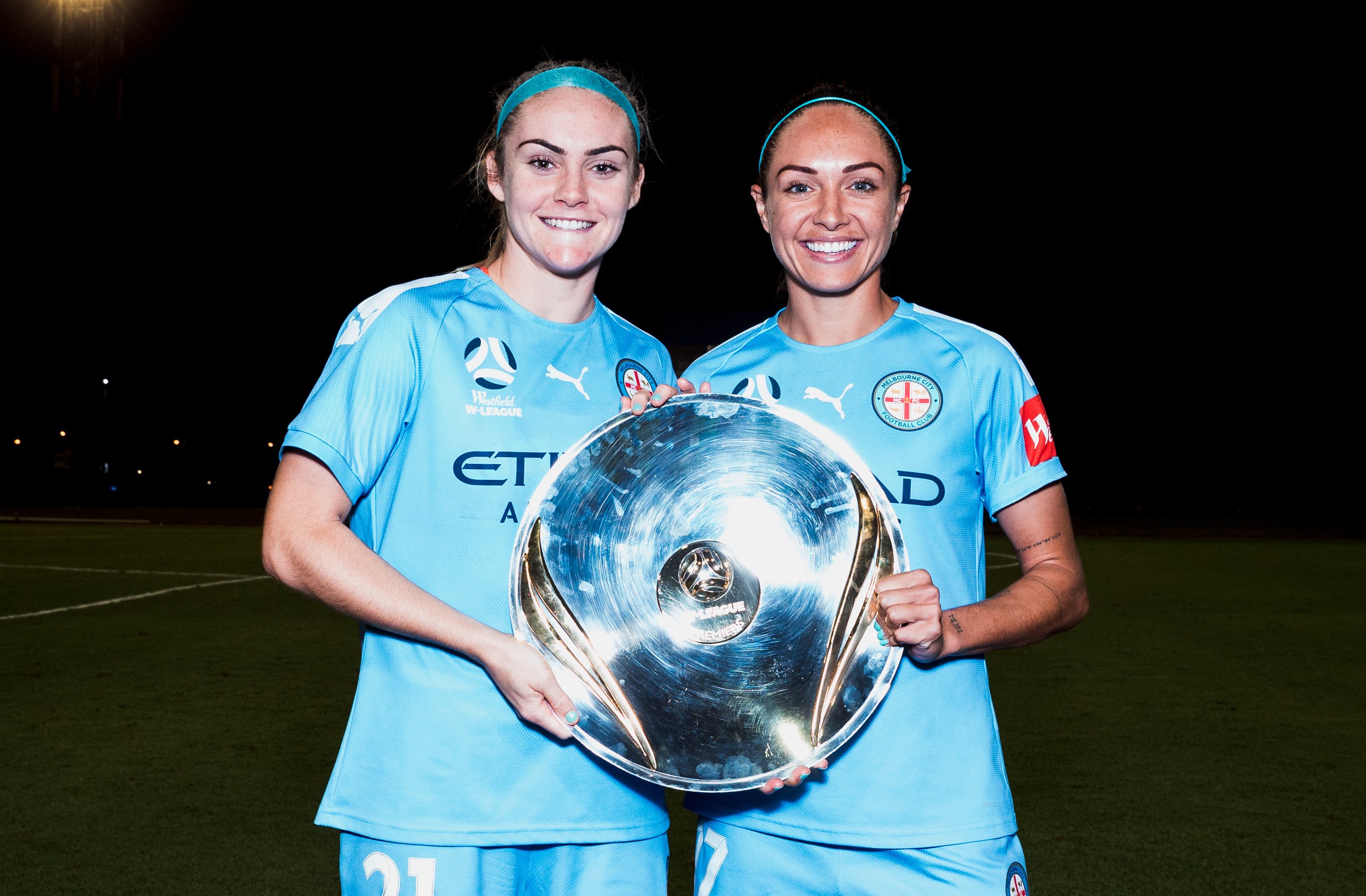 Ellie Carpenter and Kyah Simon with the Premiers' Plate