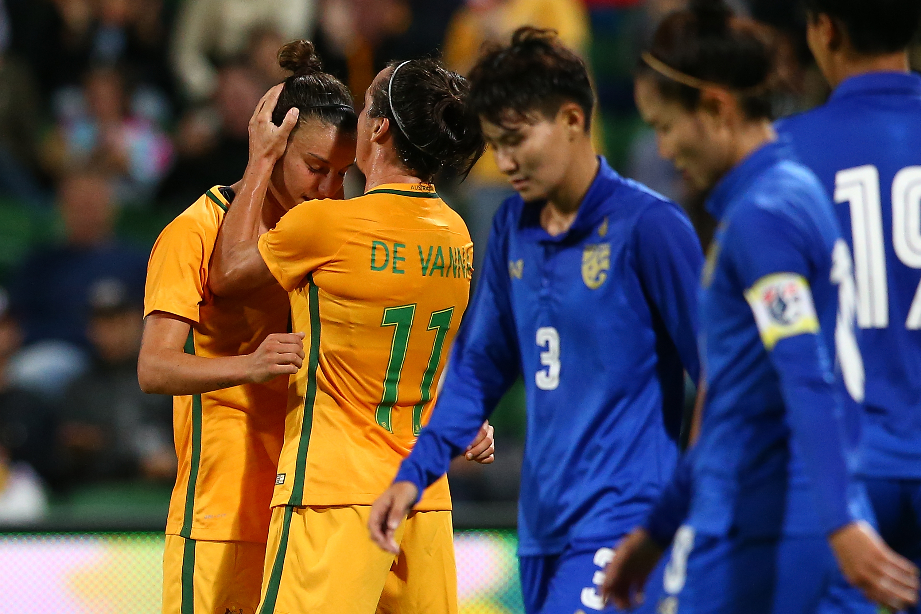 Chloe Logarzo and Lisa De Vanna celebrate a goal against Thailand