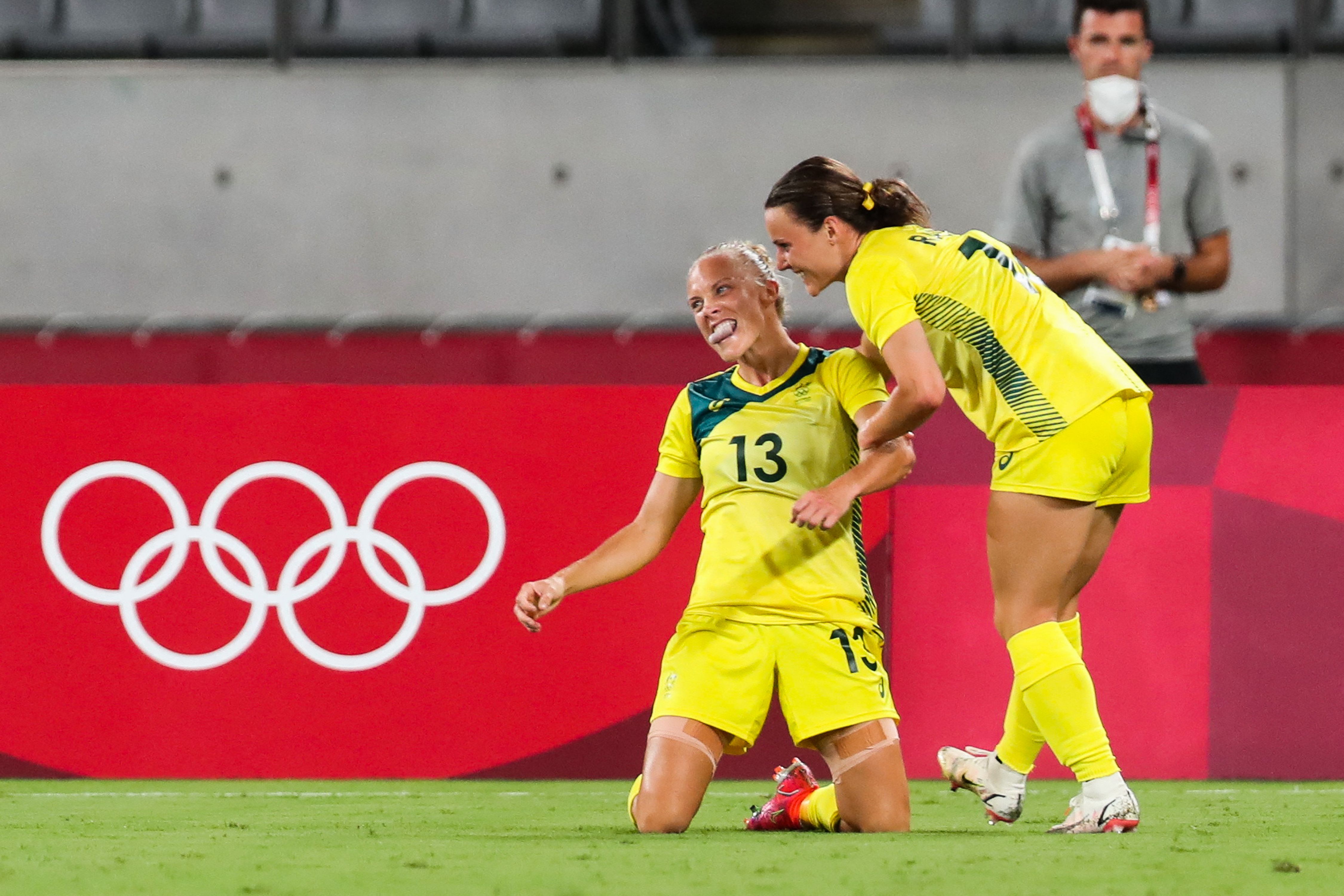 Tameka Yallop and Hayley Raso celebrate goal against New Zealand at Tokyo 2020