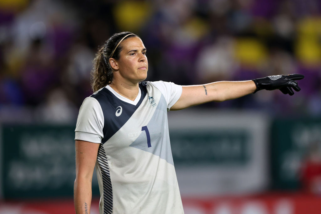 Lydia Williams of Australia gestures during the women's international friendly match between Japan and Australia at Sanga Stadium by Kyocera on July 14, 2021 in Kameoka, Kyoto, Japan. (Photo by Masashi Hara/Getty Images)