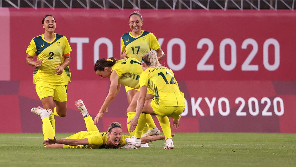 Alanna Kennedy #14 of Team Australia celebrates after scoring their side's first goal during the Women's Quarter Final match between Great Britain and Australia on day seven of the Tokyo 2020 Olympic Games at Kashima Stadium on July 30, 2021 in Kashima, Ibaraki, Japan. (Photo by Atsushi Tomura/Getty Images)