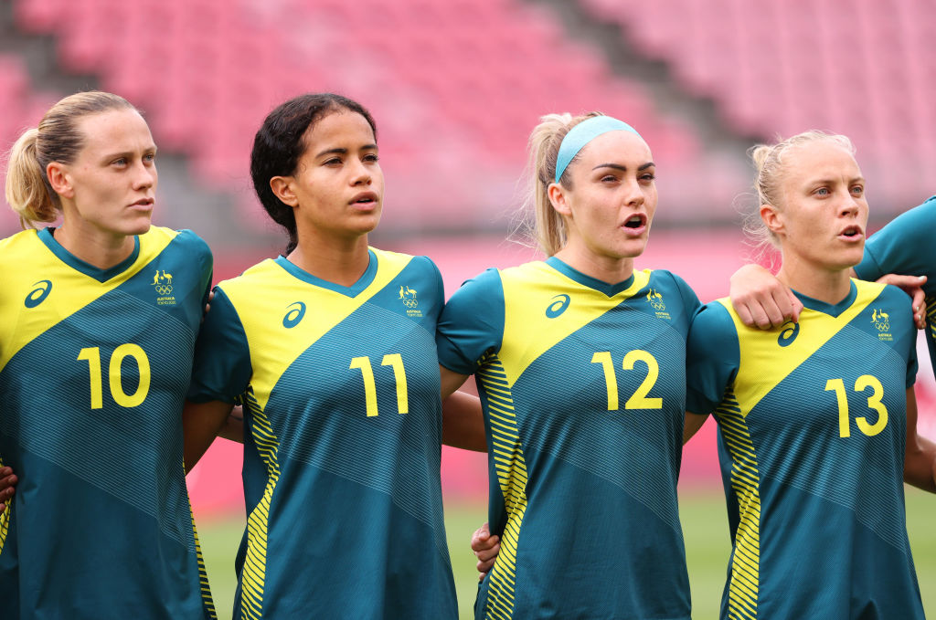  Emily Van Egmond #10, Mary Fowler #11, Ellie Carpenter #12 and Tameka Yallop #13 of Team Australia line up prior the Women's Football Group G match between United States and Australia on day four of the Tokyo 2020 Olympic Games at Kashima Stadium on July 27, 2021 in Kashima, Ibaraki, Japan. (Photo by Atsushi Tomura/Getty Images)