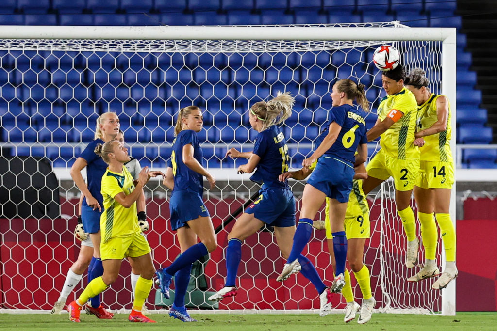  Sam Kerr #2 of Team Australia competes for the ball with during the match between Team Australia and Sweden on day ten of the Tokyo 2020 Olympic Games at International Stadium Yokohama on August 02, 2021 in Yokohama, Kanagawa, Japan. (Photo by Zhizhao Wu/Getty Images)