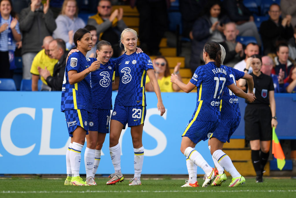 Fran Kirby of Chelsea celebrates with teammates Sam Kerr and Pernille Harder after scoring their side's second goal. (Photo: GettyImages)