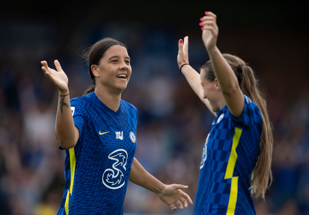 Sam Kerr and Fran Kirby celebrating a goal against Everton. (Photo: GettyImages)