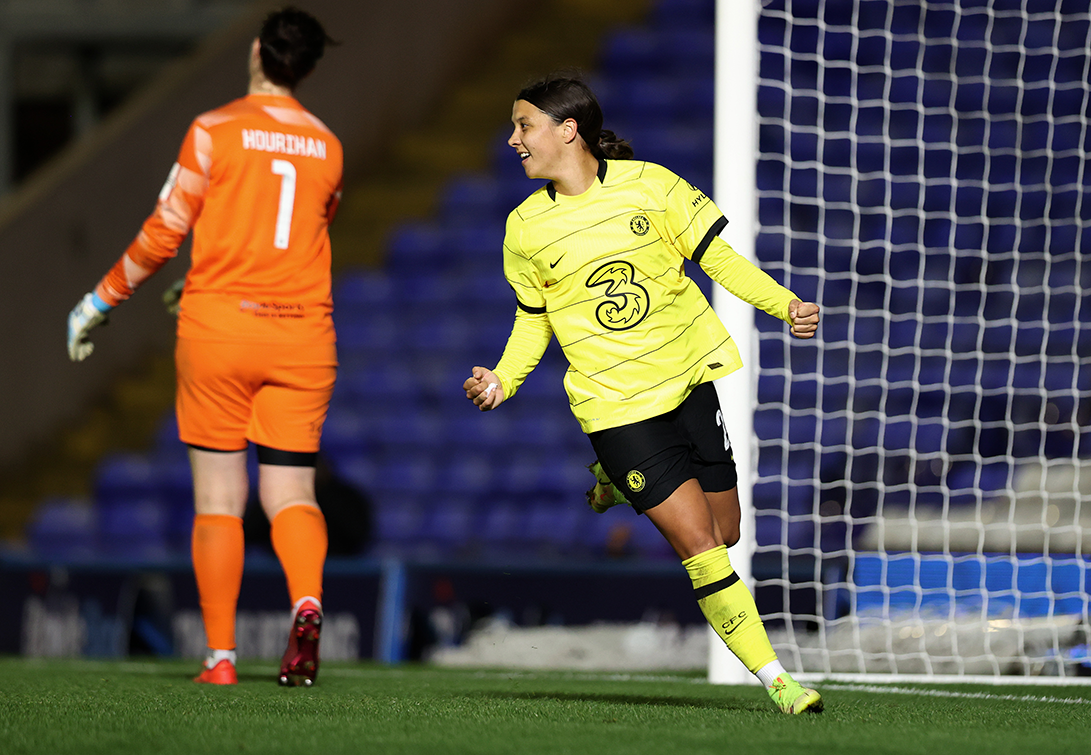 Sam Kerr celebrates scoring her sides first goal during the Vitality Women's FA Cup Quarter Final match against Birmingham City (Photo: GettyImages)