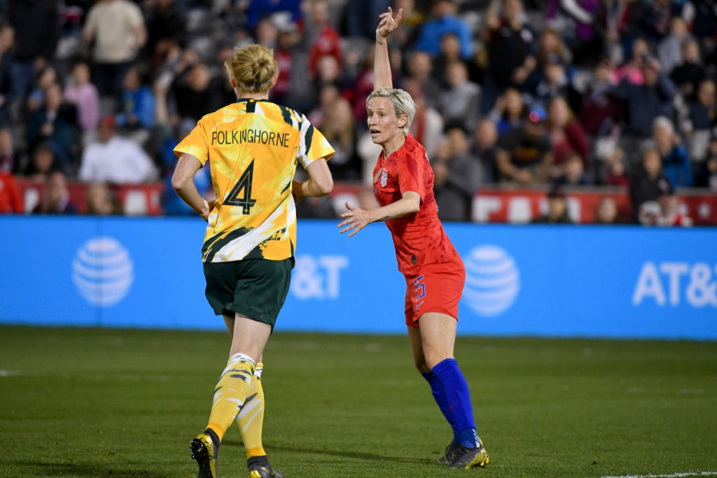 Megan Rapinoe #15 of the United States calls for the ball past Clare Polkinghorne #4 of Australia at Dick's Sporting Goods Park on April 4, 2019 in Commerce City, Colorado. (Photo by Michael Ciaglo/Getty Images)