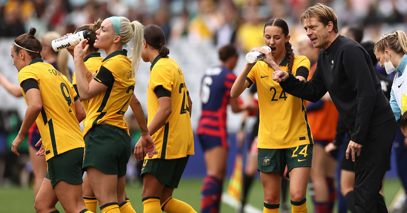 Matildas head coach Tony Gustavsson speaks to his players during game one of the series International Friendly series between the Australia Matildas and the United States of America Women's National Team at Stadium Australia on November 27, 2021 in Sydney, Australia. (Photo by Cameron Spencer/Getty Images)