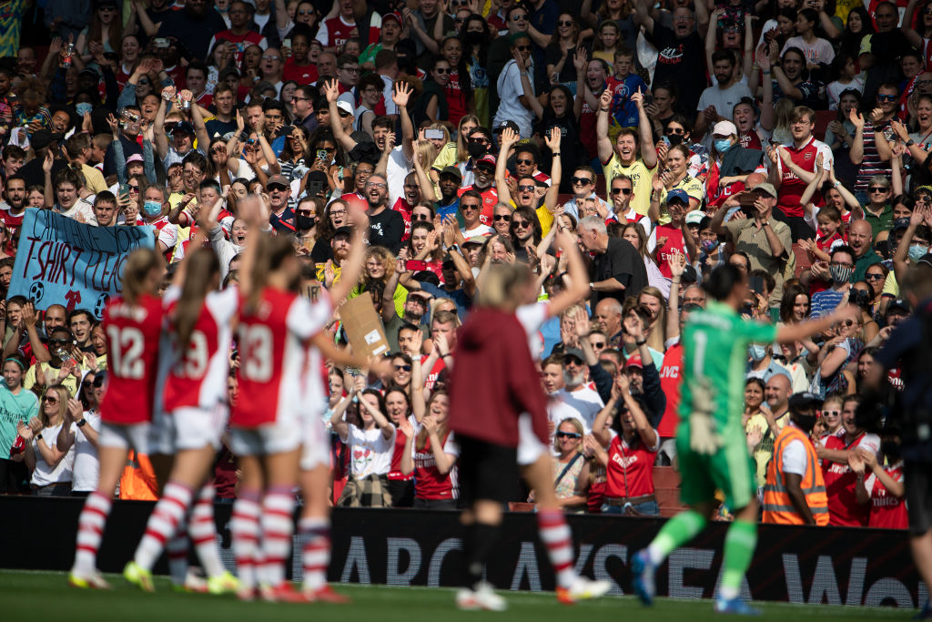 Arsenal fans applaud their team after the Barclays FA Women's Super League match between Arsenal Women and Chelsea Women at Emirates Stadium 