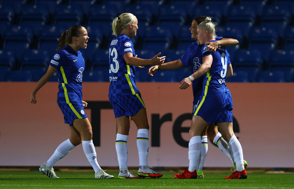 Sam Kerr of Chelsea celebrates with Pernille Harder and Bethany England after scoring their side's first goal during the UEFA Women's Champions League group A match between Chelsea FC Women and VfL Wolfsburg (Photo: GettyImages)