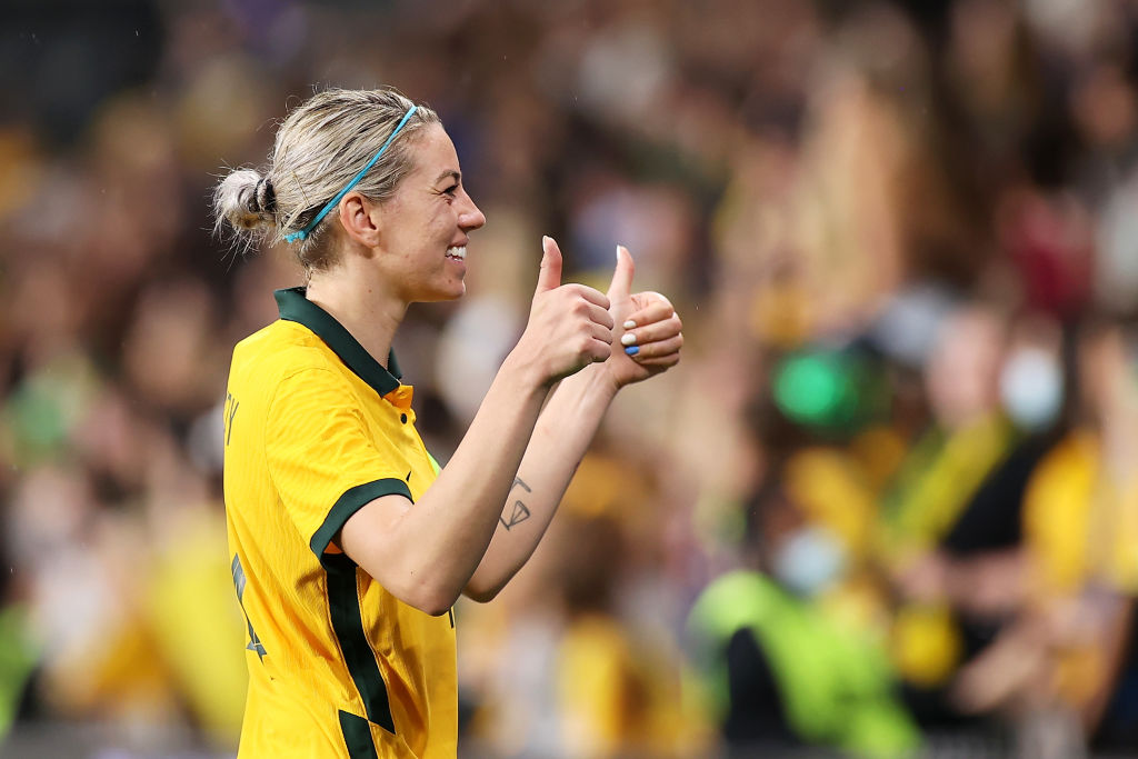 Alanna Kennedy of the Matildas thanks the crowd after the Women's International Friendly match between the Australia Matildas and Brazil at CommBank Stadium on October 23, 2021 in Sydney, Australia. (Photo by Mark Kolbe/Getty Images)