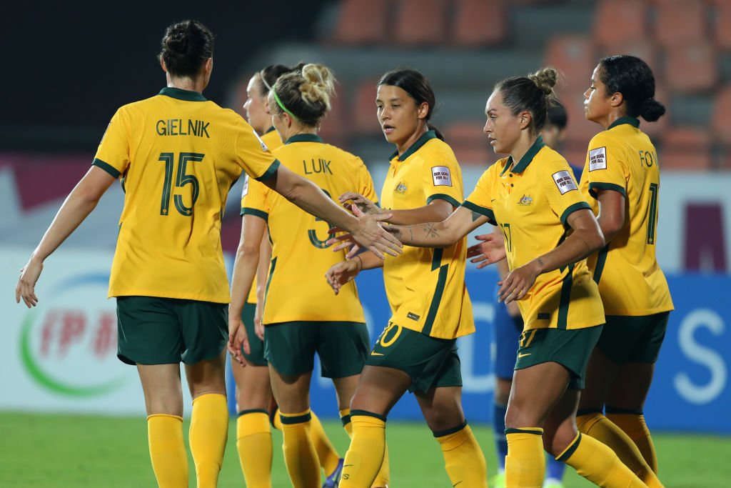 The Matildas celebrate Sam Kerr's goal against Thailand 