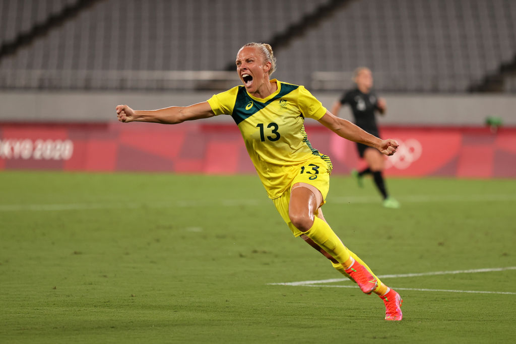 Tameka Yallop #13 of Team Australia celebrates after scoring their side's first goal during the Women's First Round Group G match between Australia and New Zealand during the Tokyo 2020 Olympic Games at Tokyo Stadium on July 21, 2021 in Chofu, Tokyo, Japan. (Photo by Dan Mullan/Getty Images
