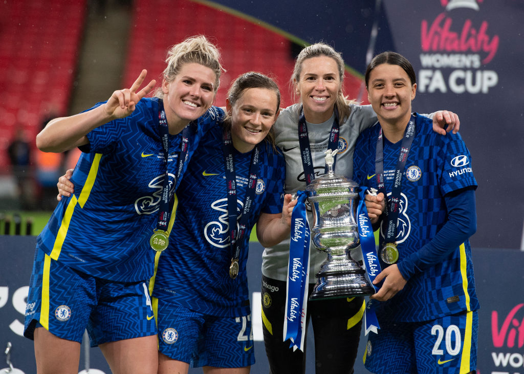 Millie Bright, Erin Cuthbert, Carly Telford, Sam Kerr of Chelsea celebrates winning the Vitality Women's FA Cup Final between Arsenal FC and Chelsea FC at Wembley Stadium on December 05, 2021 in London, England. (Photo by Visionhaus/Getty Images)