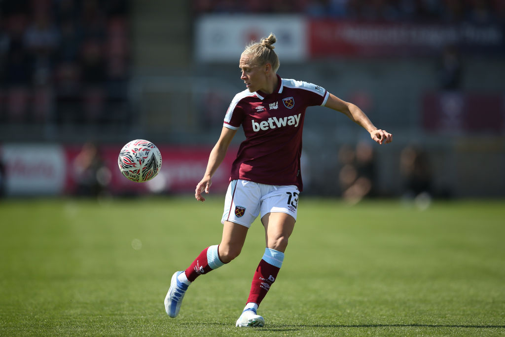 Tameka Yallop of West Ham United on the ball during The Vitality Women's FA Cup Semi-Final match between West Ham United Women and Manchester City Women at Chigwell Construction Stadium on April 16, 2022 in Dagenham, England. (Photo by Steve Bardens - The FA/The FA via Getty Images)