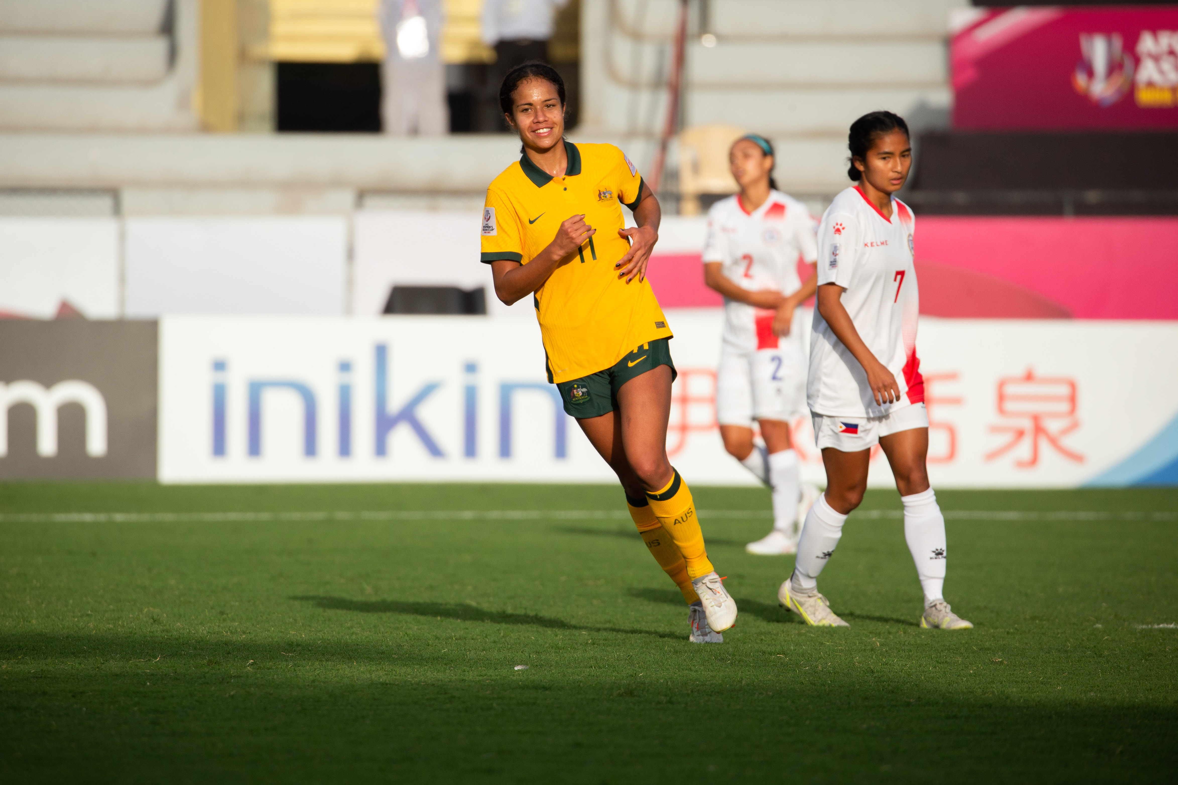 Mary Fowler celebrates her goal against the Philippines at the 2022 AFC Asian Cup (Photo by Ann Odong/Football Australia)