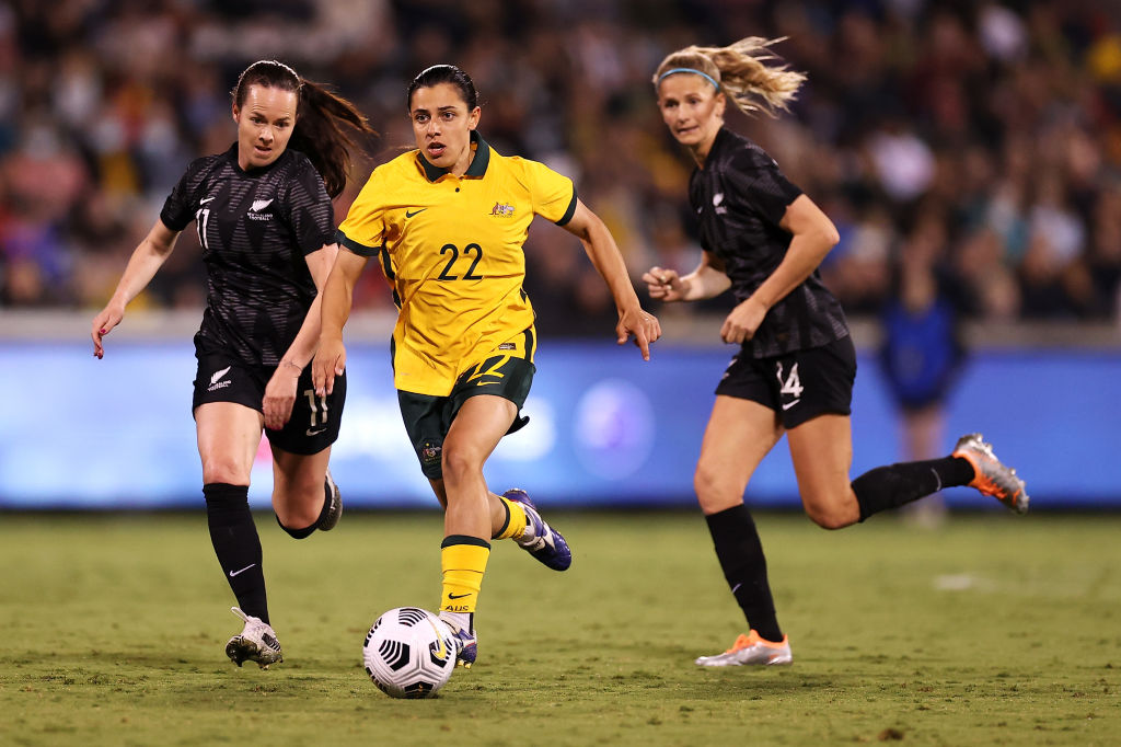 Alex Chidiac of the Matildas ruduring the International womens friendly match between the Australia Matildas and the New Zealand at GIO Stadium on April 12, 2022 in Canberra, Australia. (Photo by Mark Kolbe/Getty Images)