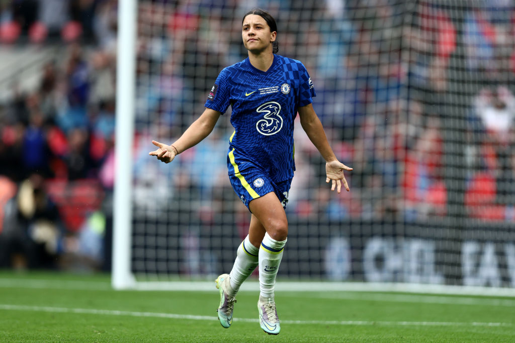Sam Kerr of Chelsea celebrates after scoring their team's third goal during the Vitality Women's FA Cup Final match between Chelsea Women and Manchester City Women at Wembley Stadium on May 15, 2022 in London, England. (Photo by Naomi Baker - The FA/The FA via Getty Images)