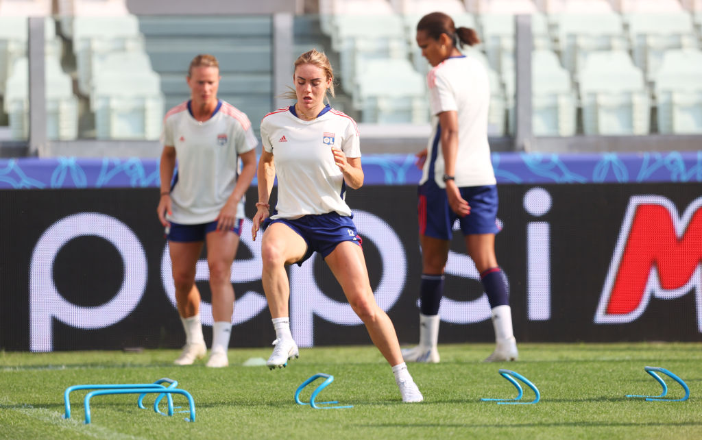 Ellie Carpenter of Olympique Lyonnais warms up at Juventus Stadium on May 20, 2022 in Turin, Italy. Olympique Lyonnais will face FC Barcelona in the UEFA Women's Champions League final on May 21, 2022. (Photo by Catherine Ivill - UEFA/UEFA via Getty Images)