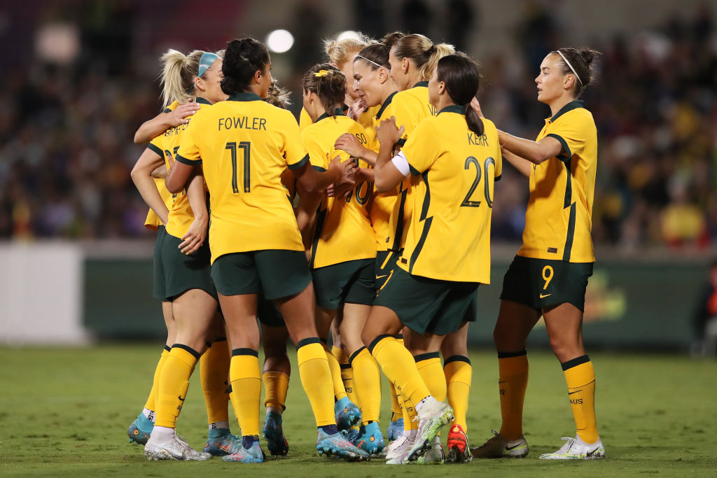 Hayley Raso of Australia celebrates with her team mates after scoring a goal during the Women's International Friendly match between Australia Matildas and New Zealand at GIO Stadium on April 12, 2022 in Canberra, Australia.  (Photo by Matt King/Getty Images)