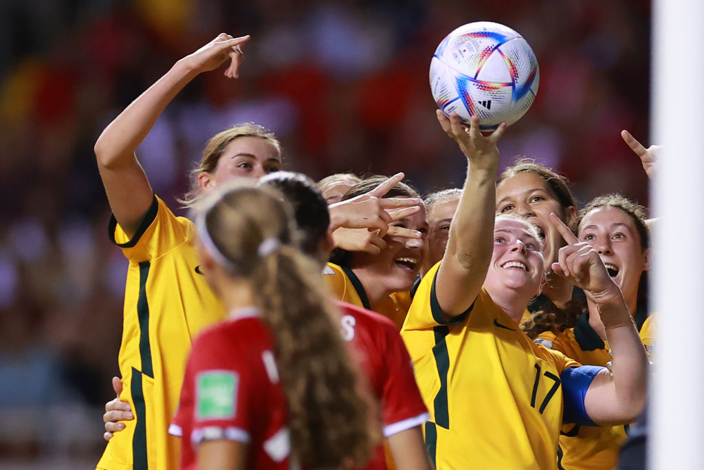 Players of Australia celebrate the third scored goal by Kirsty Fenton of Australia during the FIFA U-20 Women's World Cup Costa Rica 2022 group A match between Costa Rica and Australia at Estadio Nacional de Costa Rica on August 10, 2022 in San Jose, Costa Rica. (Photo by Hector Vivas - FIFA/FIFA via Getty Images)